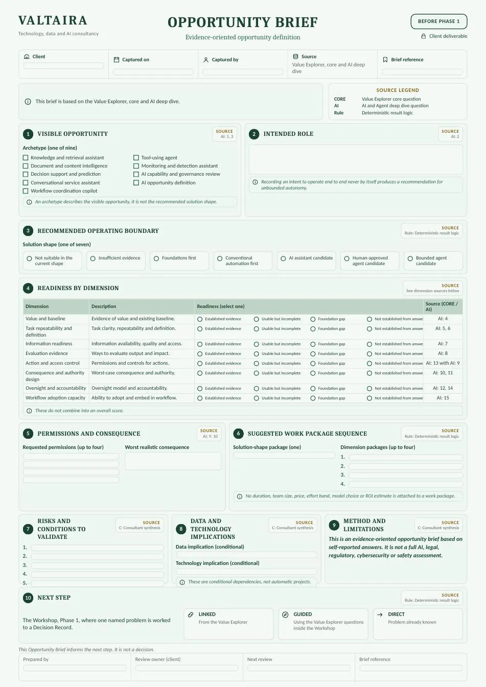 First page of the Opportunity Brief template, unfilled.