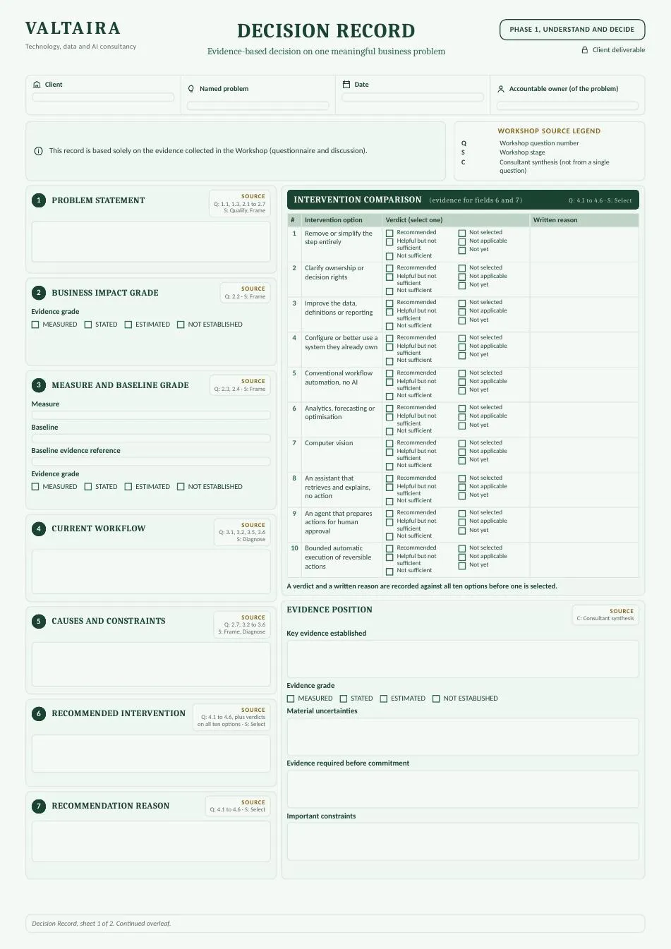 First page of the Decision Record template, unfilled.