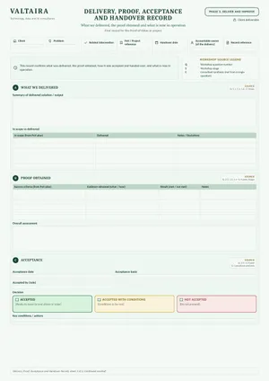 First page of the Delivery, Proof, Acceptance and Handover Record template, unfilled.